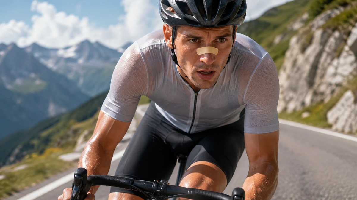 Cyclist wearing a nasal strip on a mountain road Cyclist wearing a nasal strip riding on a mountain road