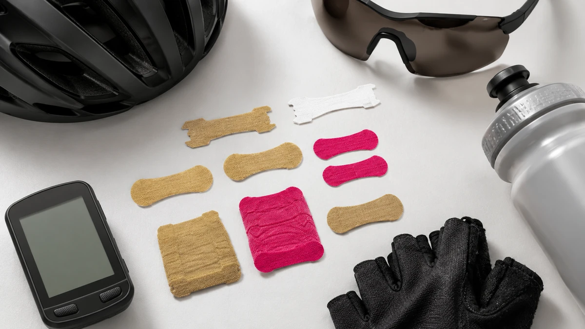Colored sports nasal strips with cycling gear Flat lay of colored sports nasal strips next to cycling gear