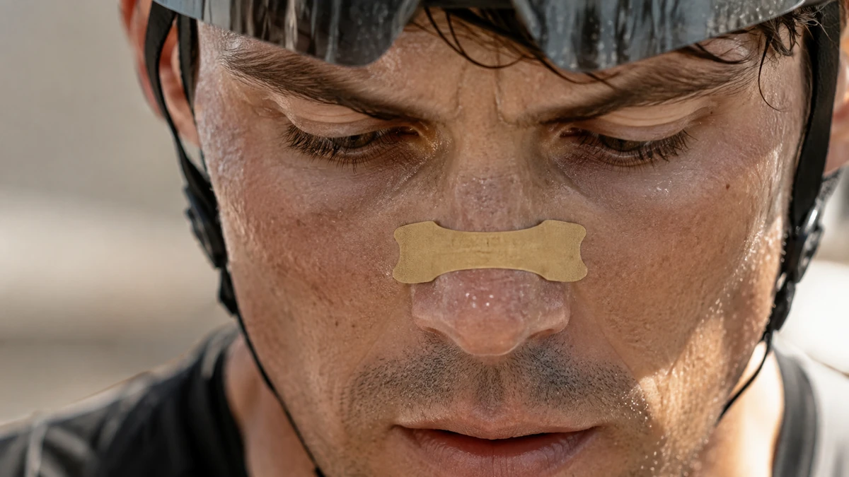 Close-up of a cyclist wearing a nasal strip Close-up of a cyclist's face with sweat and a nasal strip across the nose