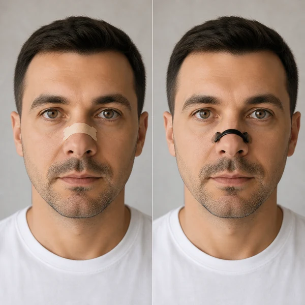 Real-person comparison of adhesive and magnetic nasal strip placement