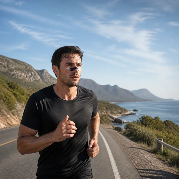 Sports nasal strip worn by a runner during outdoor training