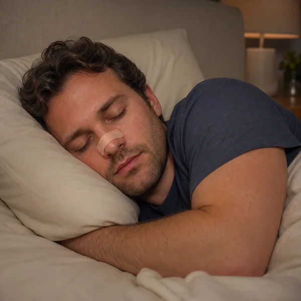 Adult sleeping on their side while wearing an adhesive nasal strip