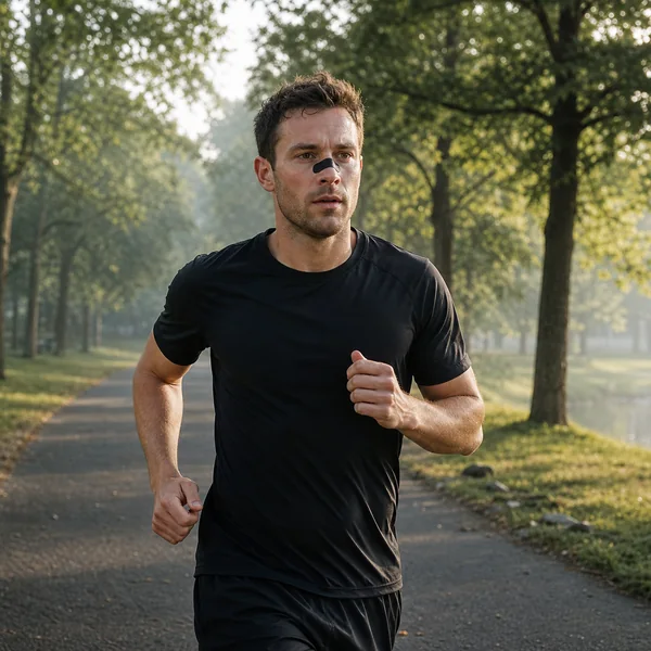 Runner wearing a complete black sports nasal strip during outdoor training