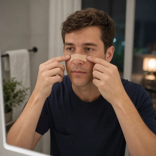Adult applying a complete nasal strip correctly before sleep