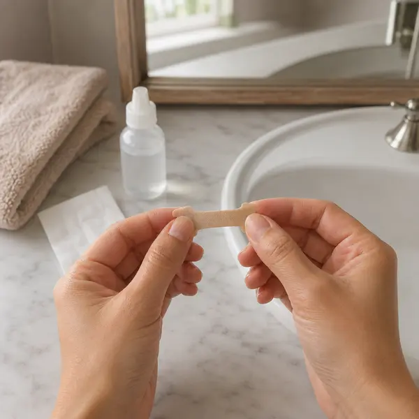 Small adhesive nasal strip, saline bottle, water and tissues arranged as different congestion-support options