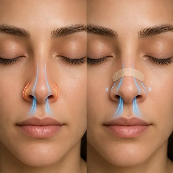 Clean dry hands preparing a slim nasal strip beside saline and tissues