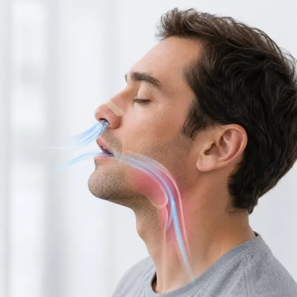 Side profile showing nasal, oral and throat airflow pathways involved in snoring