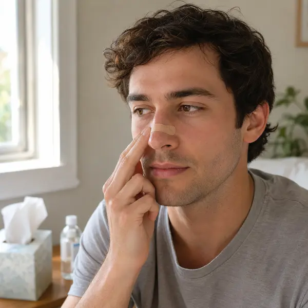 Comparison showing a slim external nasal strip gently supporting the nasal sidewalls