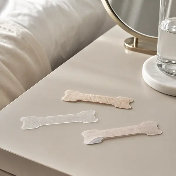 Adult checking nasal breathing clues with a small mirror and slim nasal strip