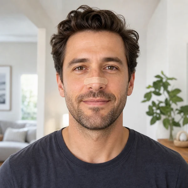 Adult wearing a complete classic one-piece adhesive nasal strip