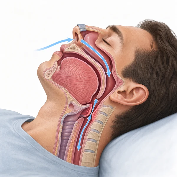 Medical cutaway showing an open nasal valve and deeper throat obstruction during sleep