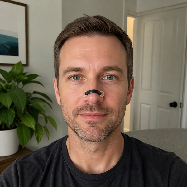 Adult wearing a reusable magnetic bridge attached to two external nasal tabs