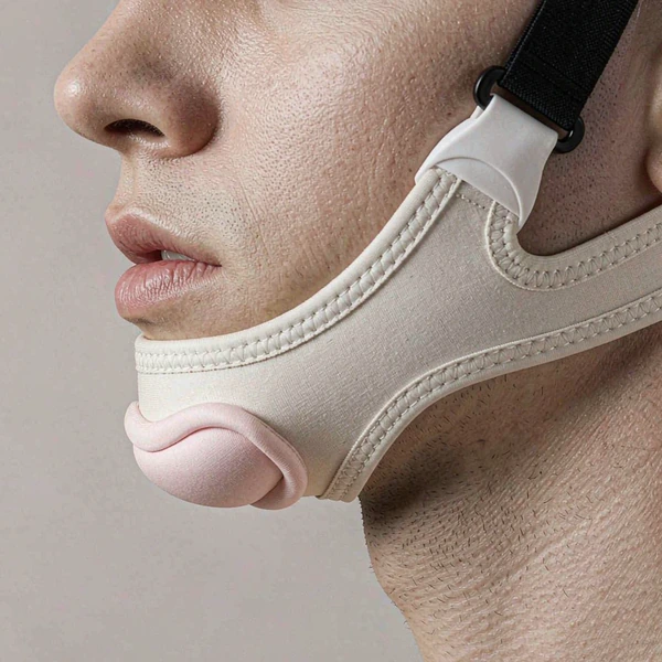 Person wearing a beige chin strap