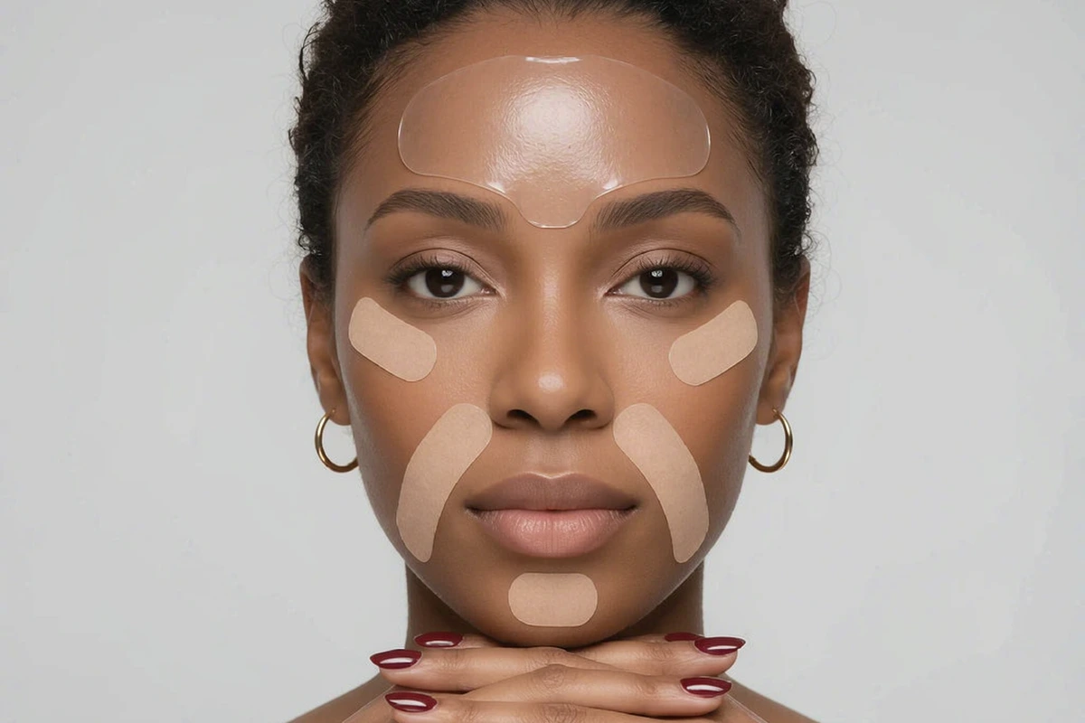 Woman wearing a translucent forehead patch and small adhesive patches under the eyes and on smile lines