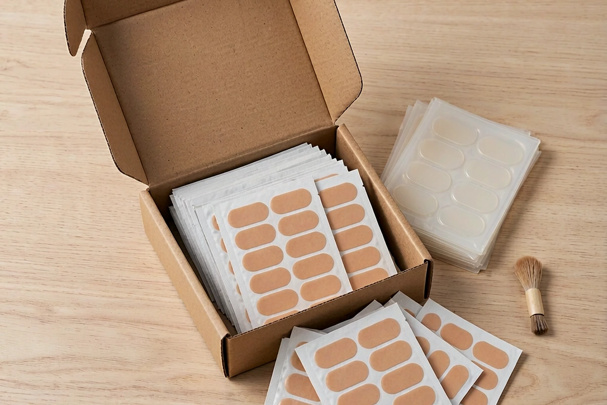 Box of single-use wrinkle patch sachets next to reusable silicone patch sheets