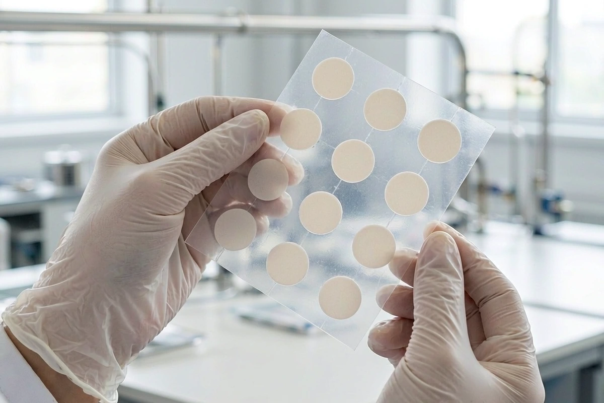 Technician in gloves inspecting a release liner sheet of pimple patches during sample evaluation