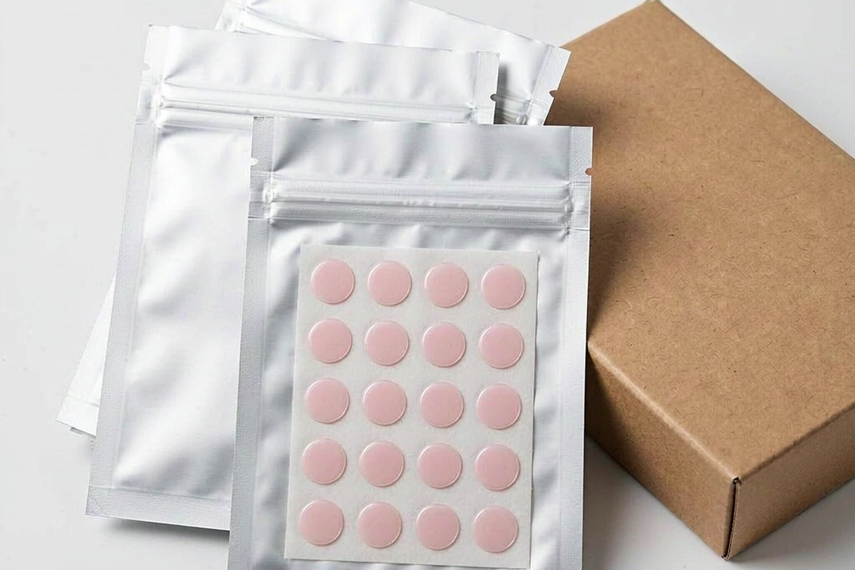Sealed foil sachets and a kraft box protecting private label pimple patch packaging