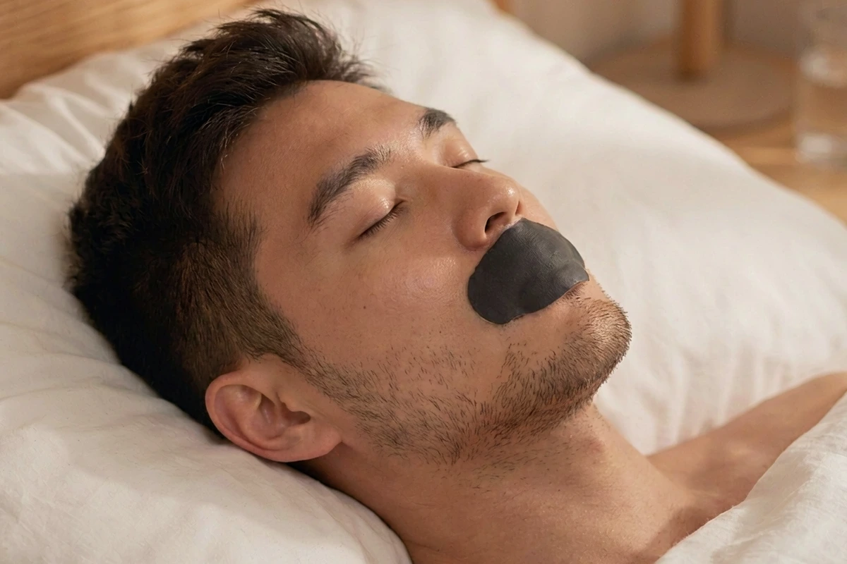Person sleeping with a full-coverage mouth tape, illustrating overnight hold and fit