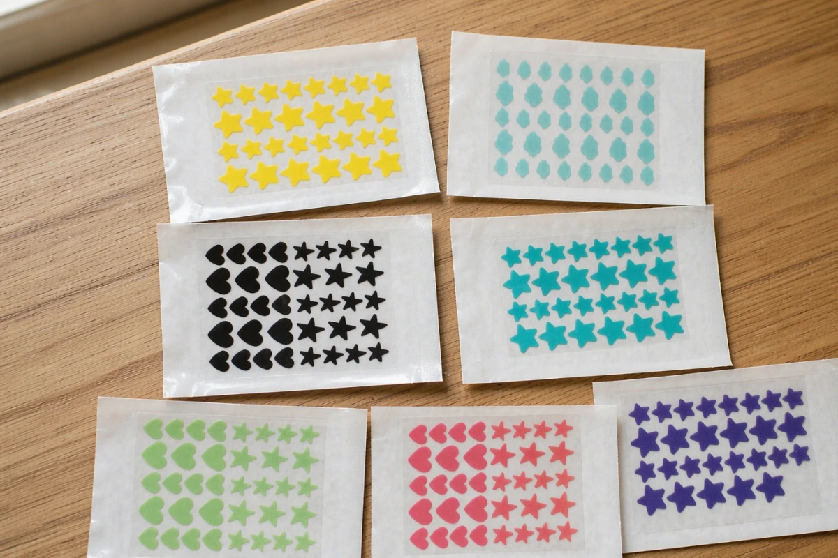 Different hydrocolloid acne patch shapes and colors arranged on release liners