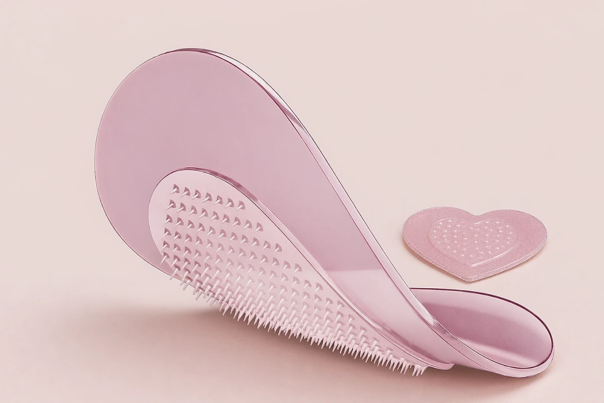 Pink heart-shaped microdart pimple patch showing its micro-projection surface