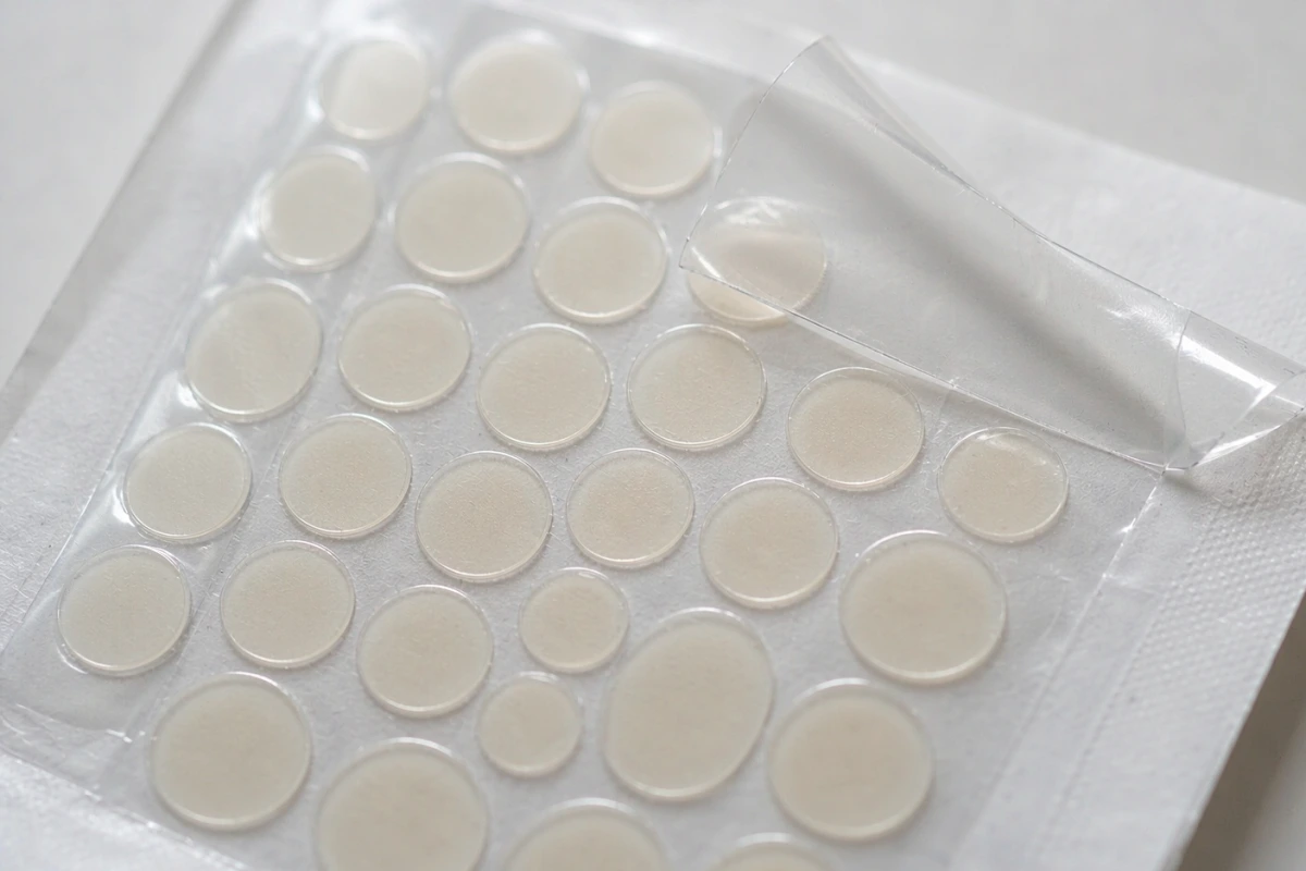 Transparent hydrocolloid pimple patches on a release liner with one patch peeled at the edge