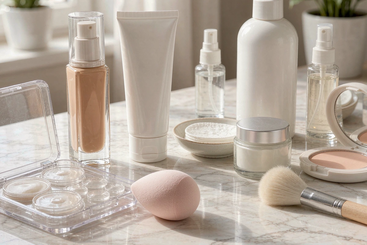 Daytime skincare and makeup routine flatlay with hydrocolloid acne patches, foundation, sunscreen and a makeup sponge.