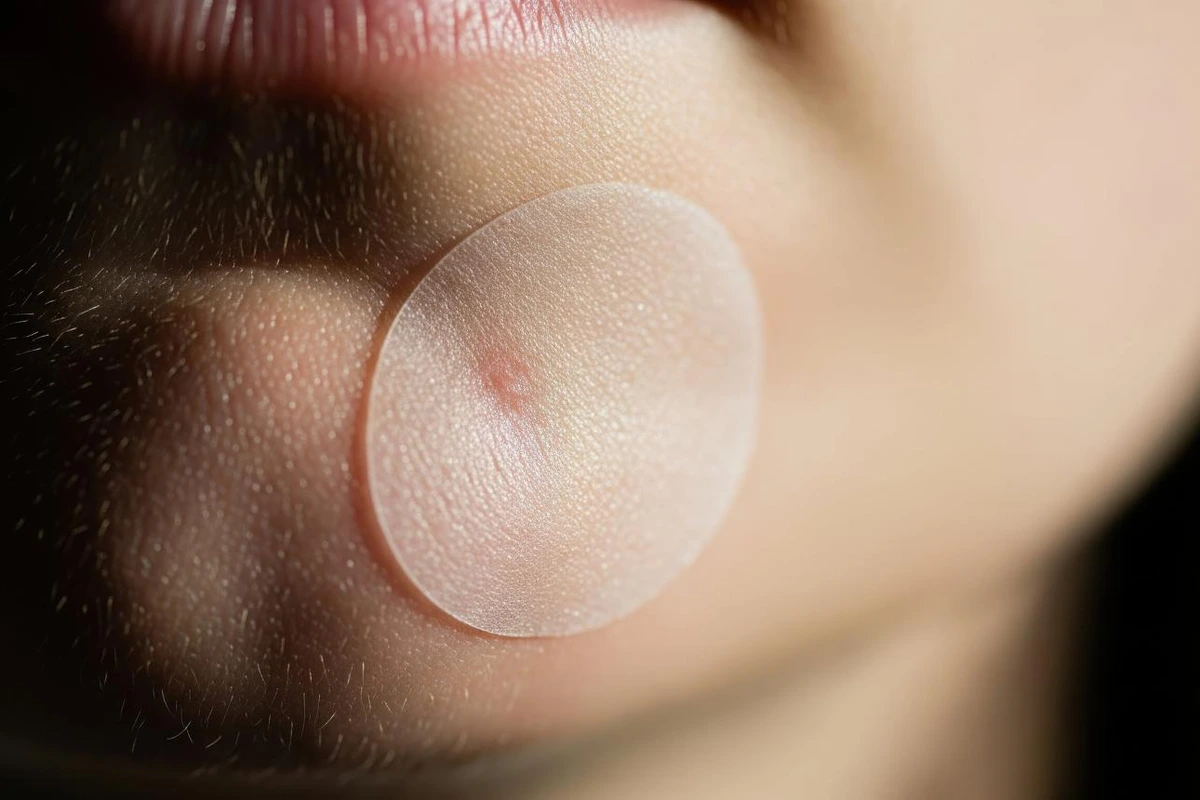Clear hydrocolloid pimple patch applied on skin
