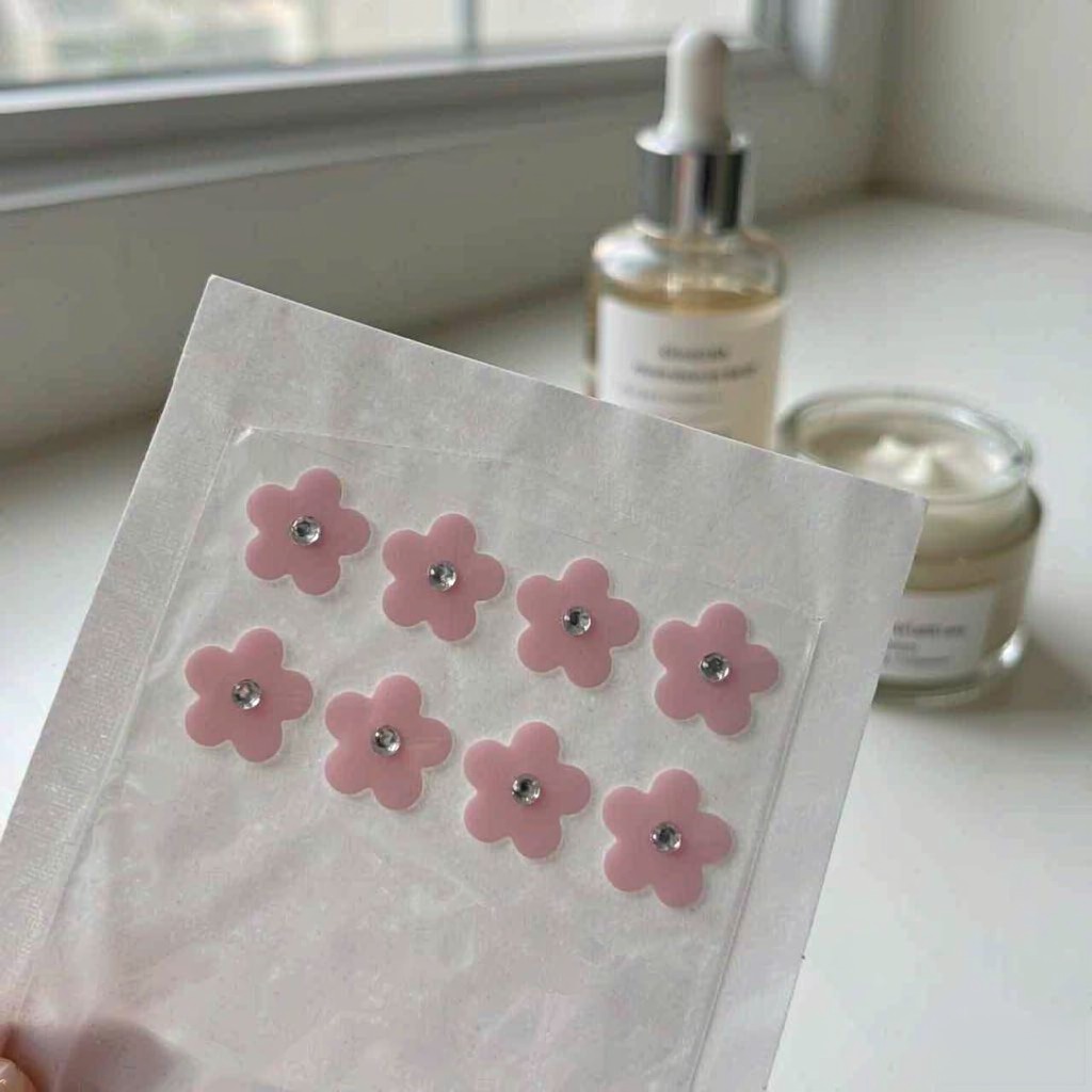 Pink flower-shaped pimple patches on release paper beside a serum bottle and cream jar