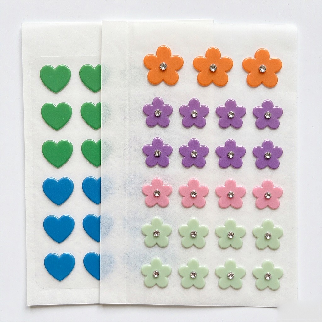 Assorted flower and heart shaped pimple patches with crystal centers on release paper