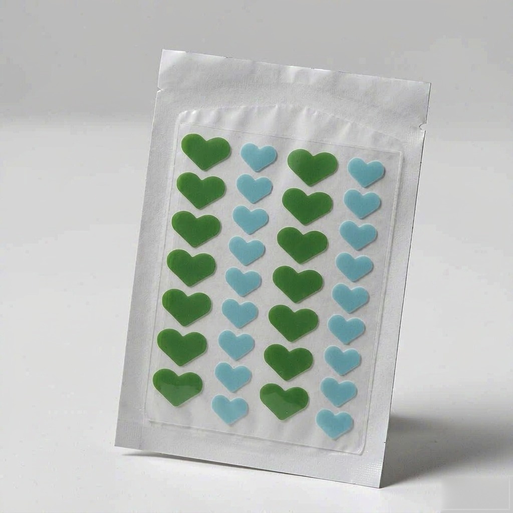 Blue star and moon shaped hydrocolloid pimple patches in an opened foil sachet