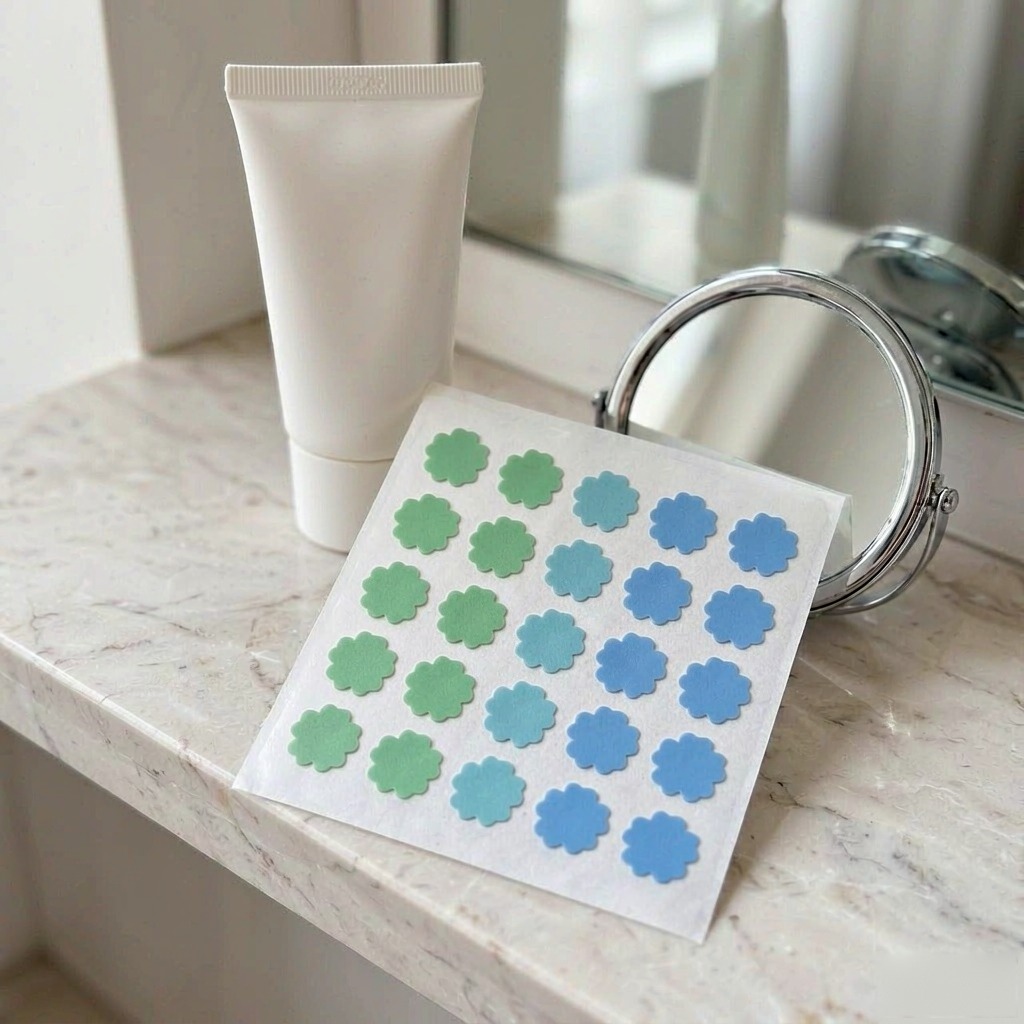 Green and blue pimple patches on a bathroom shelf with sunscreen and a mirror